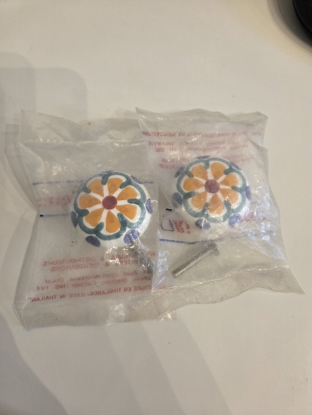 NWT Ceramic Drawer Knobs With Orange, Green And Purple Flower Design